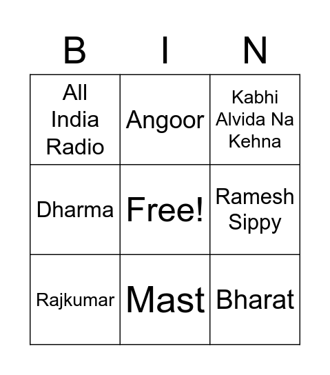 Diwali Bollywood Bingo!! Bingo Card