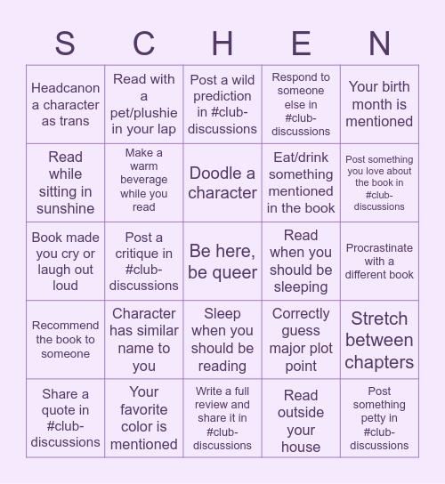Book Club Schen(ectady) Bingo Card