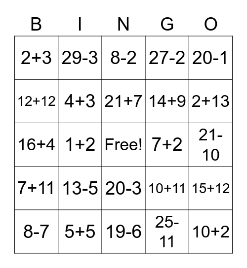 Arithmetic Bingo Card