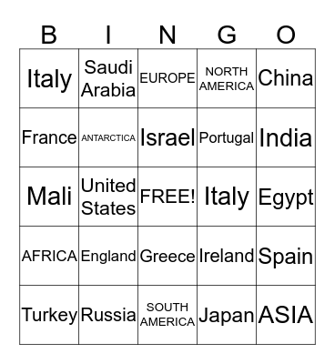 countries & CONTINENTS Bingo Card