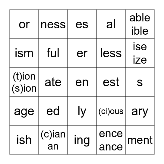 Suffixes/Ending Syllables Bingo Card