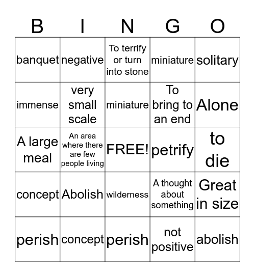 Vocabulary Bingo Card