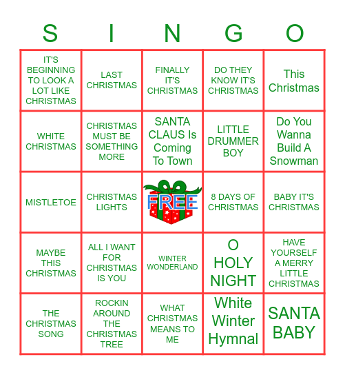 Christmas Pop Hits Bingo Card