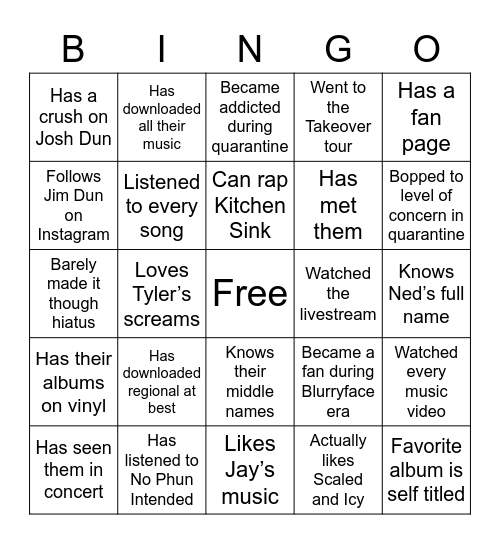 Twenty One Pilots Bingo Card