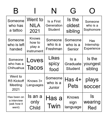 R5 Networking Bingo Card