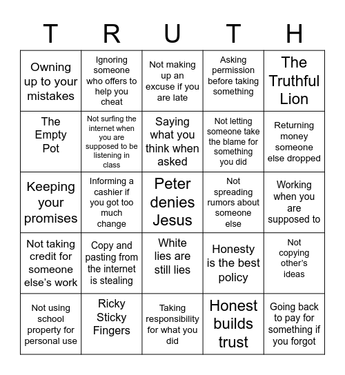 Honesty Bingo Card