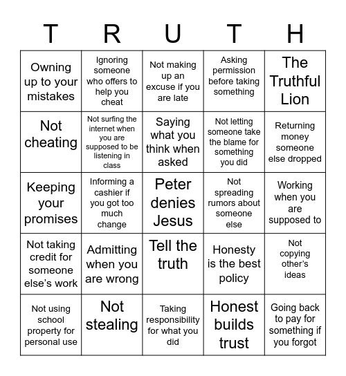 Honesty Bingo Card