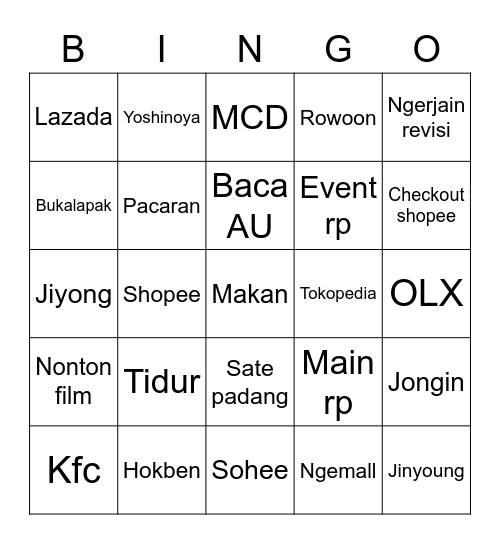 Rowoon Bingo Card