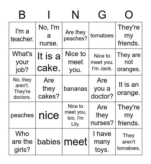 VanThink English 1A Lesson 12 Bingo Card