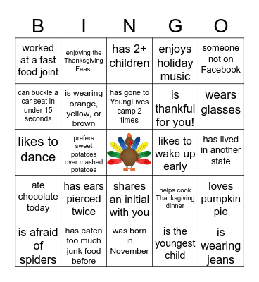 YoungLives Thankgiving 2021 Bingo Card