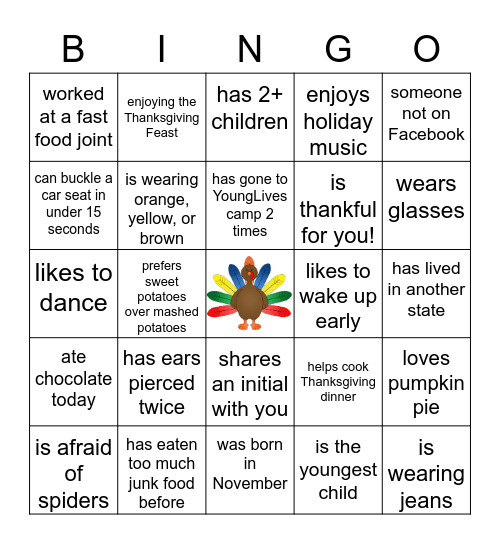 YoungLives Thankgiving 2021 Bingo Card