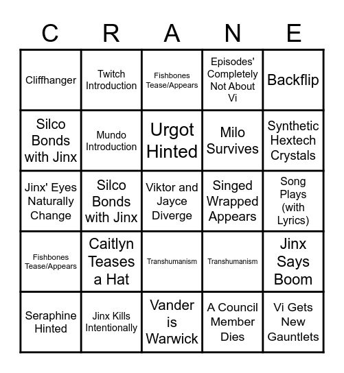 Arcane Crane Bingo Card
