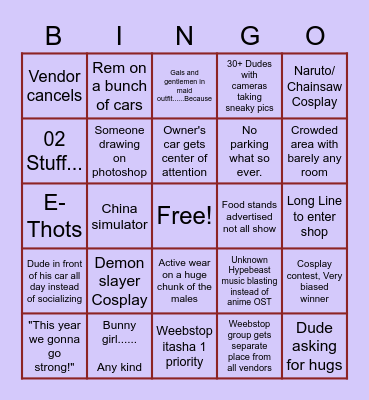 WeebStop Fuccboi Cringefest 2021 Bingo Card