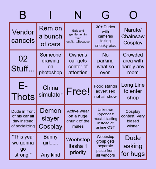 WeebStop Fuccboi Cringefest 2021 Bingo Card