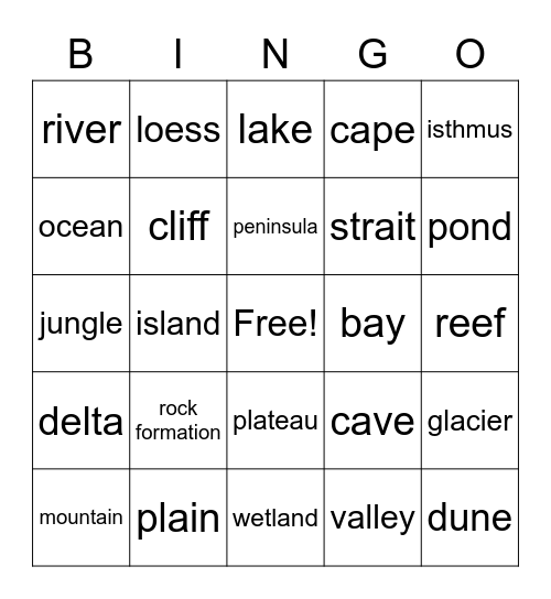 Landforms Bingo Card