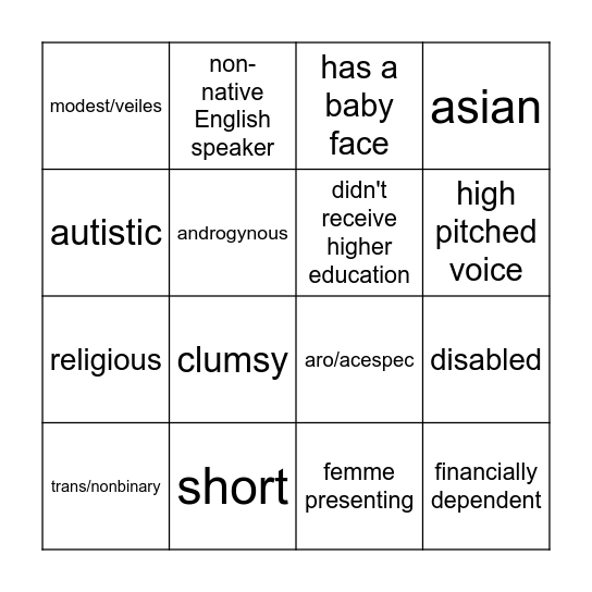 infantalization bingo Card