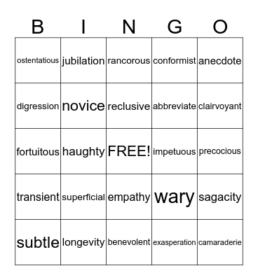 ACT VOCABULARY Bingo Card