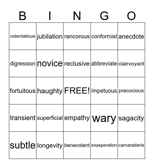ACT VOCABULARY Bingo Card