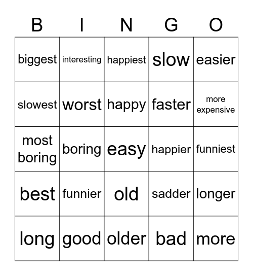 comparison of adjectives Bingo Card