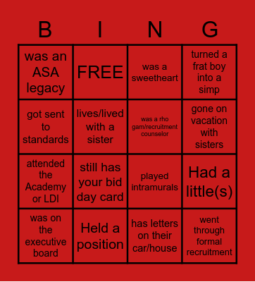 Alpha Sigma Alpha Bingo Card
