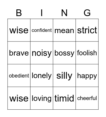 Character Traits Bingo Card