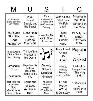 Classic Musical Movies Bingo Card