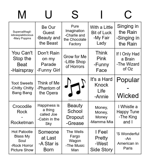 Classic Musical Movies Bingo Card