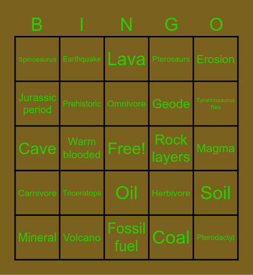 Dinosaur and Geology Bingo Card
