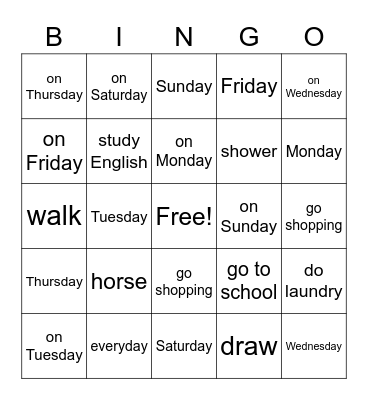 days of the week Bingo Card