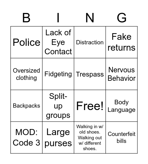 Loss Prevention Bingo Card