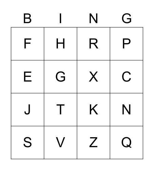 Letters Bingo Card