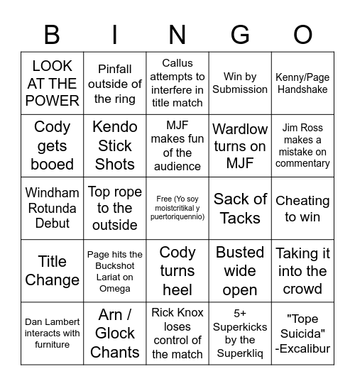 AEW Full Gear Bingo Card