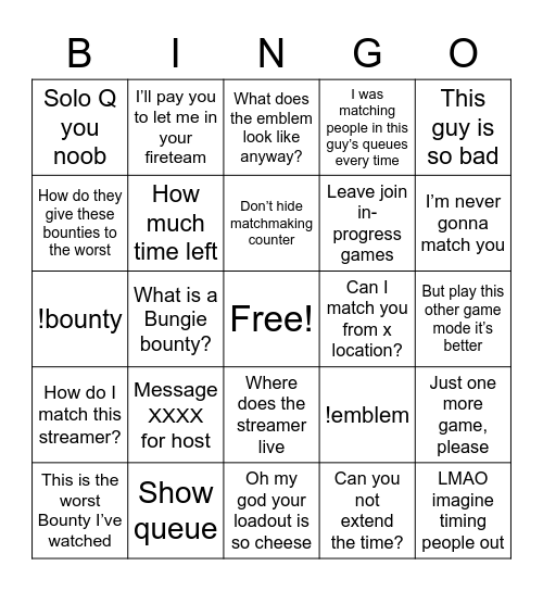 Bungie bounty Bingo card Bingo Card