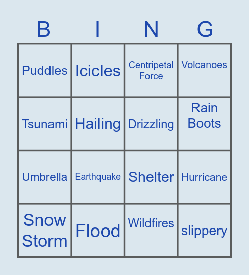 Natural Disaster/ Weather Themed Bingo Card