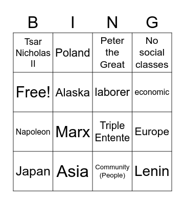 Russian Revolution Bingo Card