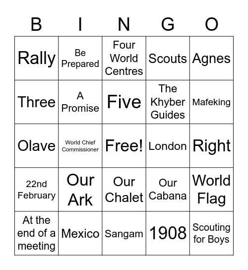 World Guiding Bingo Card