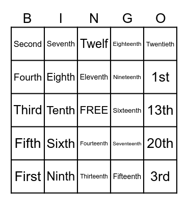 Ordinal Numbers Bingo Card