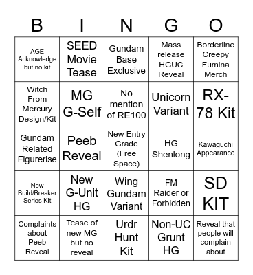 Bandai Hobby Next Phase 2021 Bingo Card