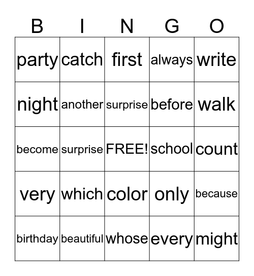 1B Power Words Bingo Card