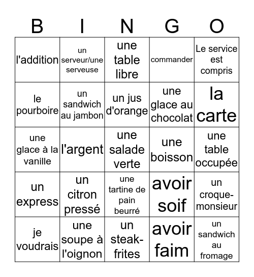 Au Café Bingo Card