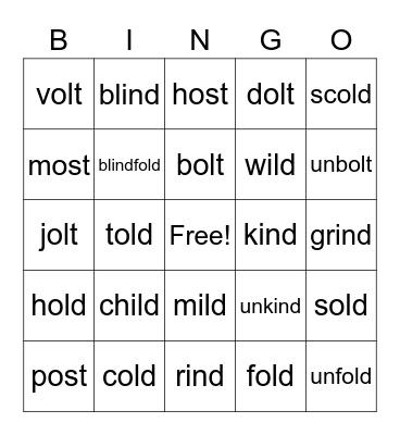 OUTLAW WORDS Bingo: -OLD, -OLT, -OST, -ILD, -IND Bingo Card