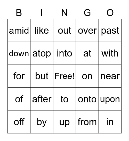 Preposition Bingo Card