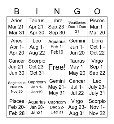 Zodiac signs Bingo Card