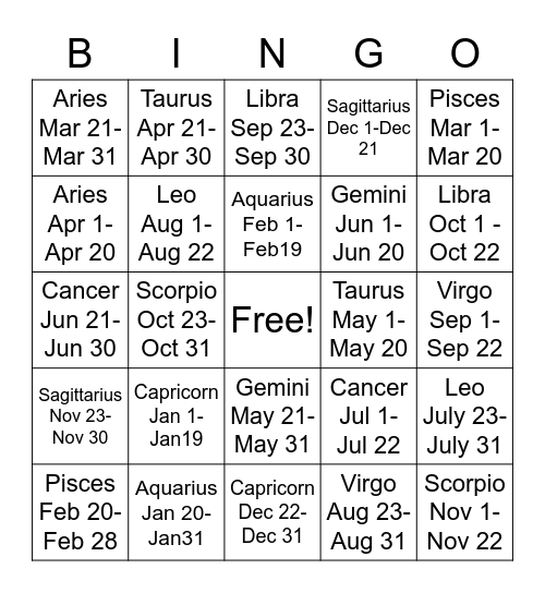 Zodiac signs Bingo Card