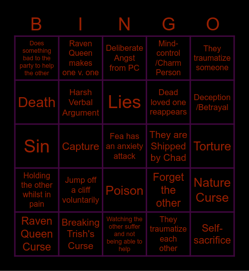 Ele and Fea's Suffering Bingo Card