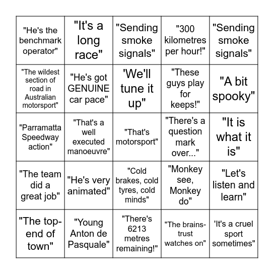 2021 Supercars Bathurst 1000 Bingo Card