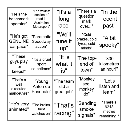 Supercars Bathurst 1000 Bingo 2021 Bingo Card