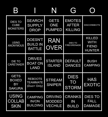 FORTNITE BINGO Card