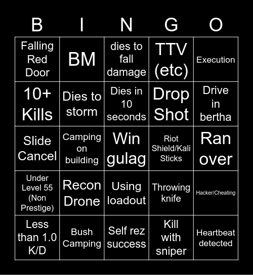 Warzone Bingo Card