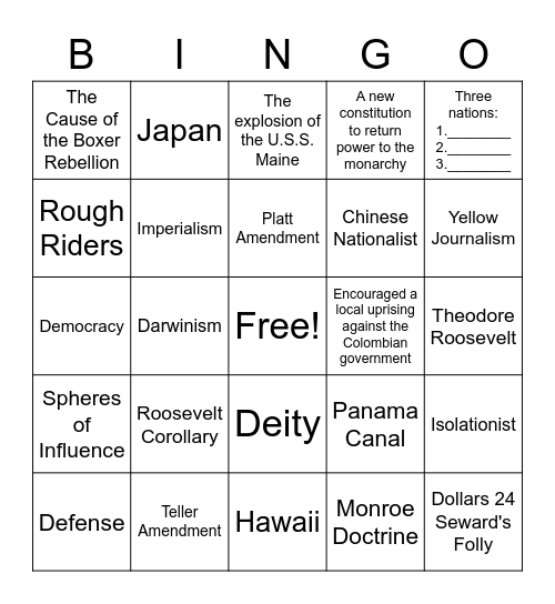 American Imperialism Bingo Card